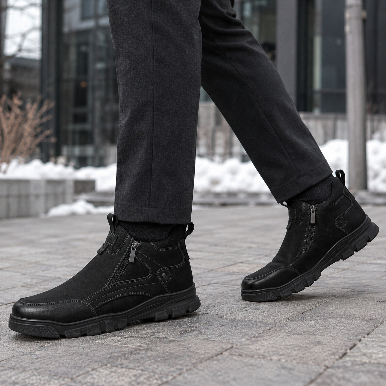 Męskie czarne buty zimowe za kostkę na zamek U36509-1