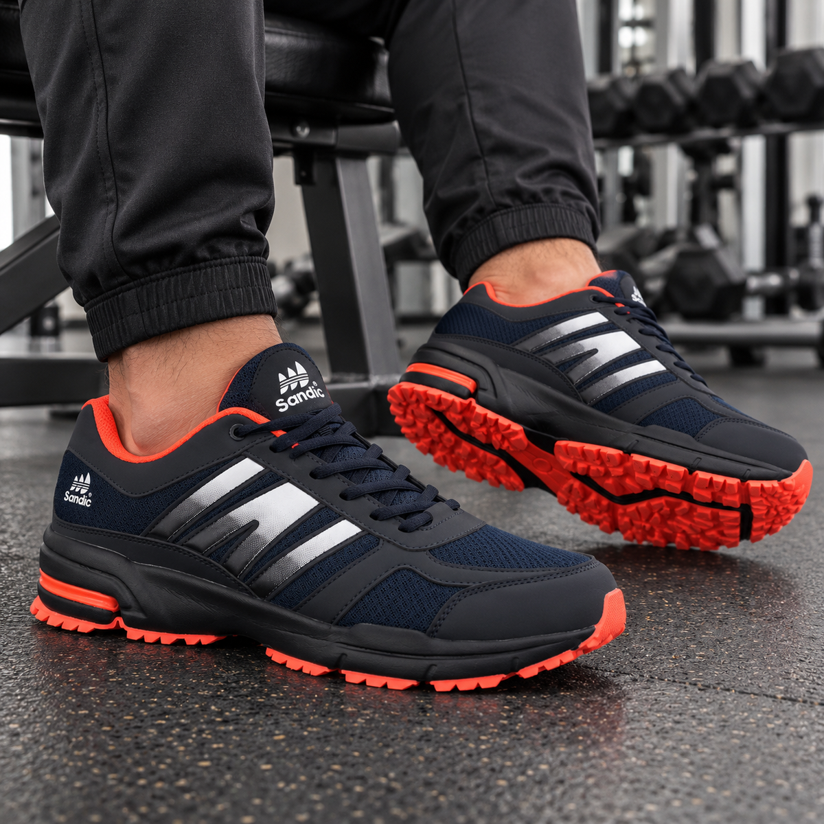 Męskie buty sportowe w dużych rozmiarach – granatowe z pomarańczowymi akcentami SD1888V-E