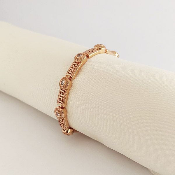 BRANSOLETKA DAMSKA ZŁOTA ZE STALI CHIRURGICZNEJ GRUBA WZÓR GRECKI CYRKONIE b001