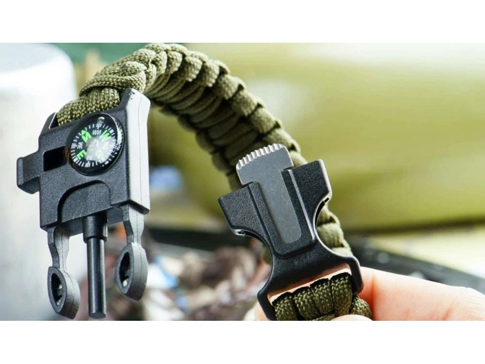 Bransoletka survival opaska 5w1 kompas krzesiwo linka nóż linka paracord