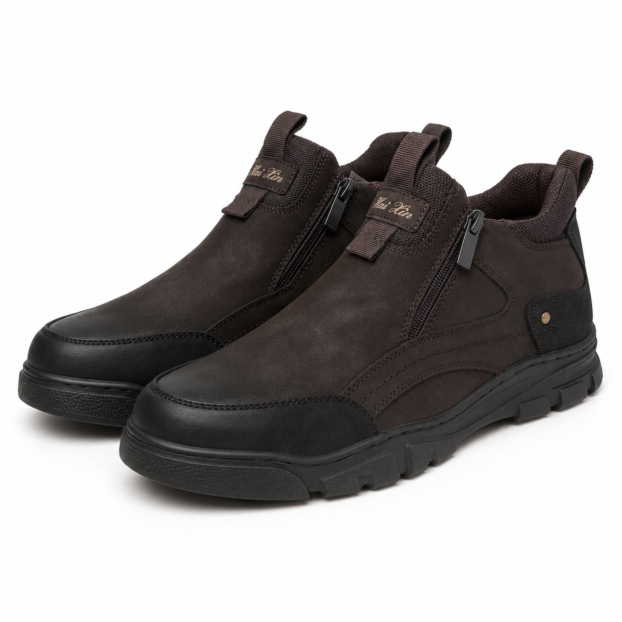 Męskie zimowe buty wsuwane z zamkami – brązowo-czarne U36509-3