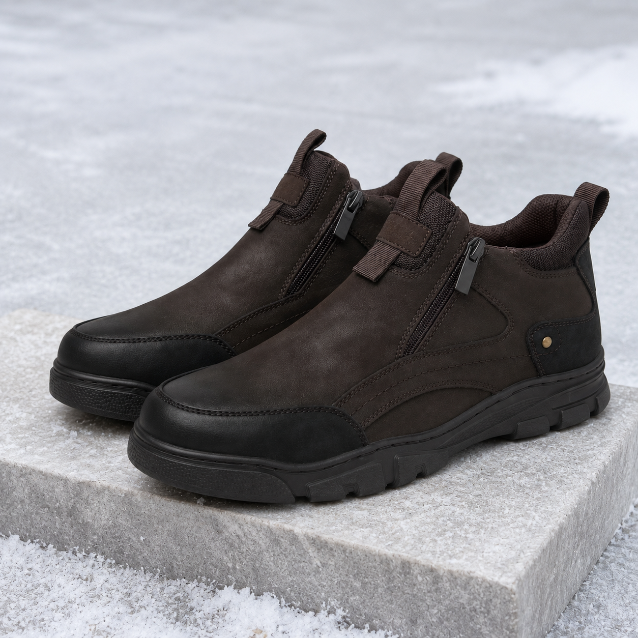 Męskie zimowe buty wsuwane z zamkami – brązowo-czarne U36509-3