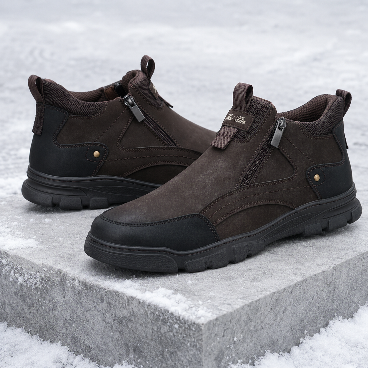 Męskie zimowe buty wsuwane z zamkami – brązowo-czarne U36509-3