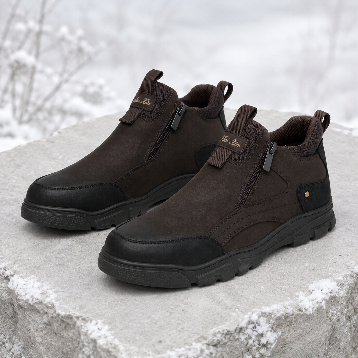 Męskie zimowe buty wsuwane z zamkami – brązowo-czarne U36509-3