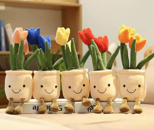 Pluszowy kwiatek w doniczce – tulipan 33 cm z uśmiechem, dekoracyjna maskotka