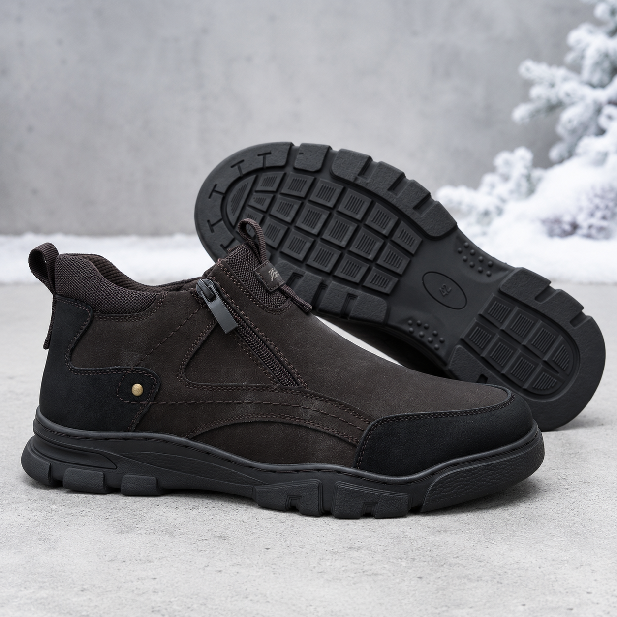 Męskie zimowe buty wsuwane z zamkami – brązowo-czarne U36509-3