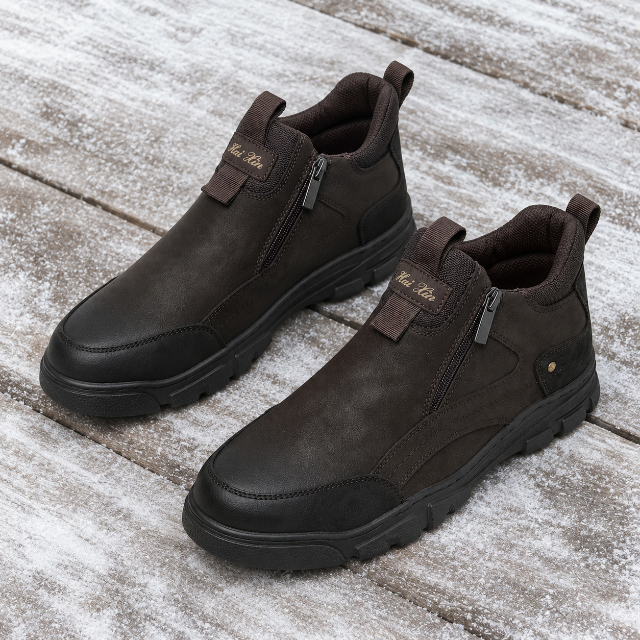 Męskie zimowe buty wsuwane z zamkami – brązowo-czarne U36509-3