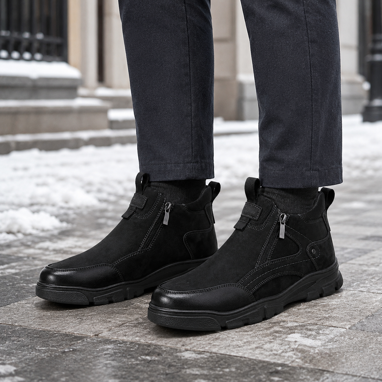 Męskie czarne buty zimowe za kostkę na zamek U36509-1