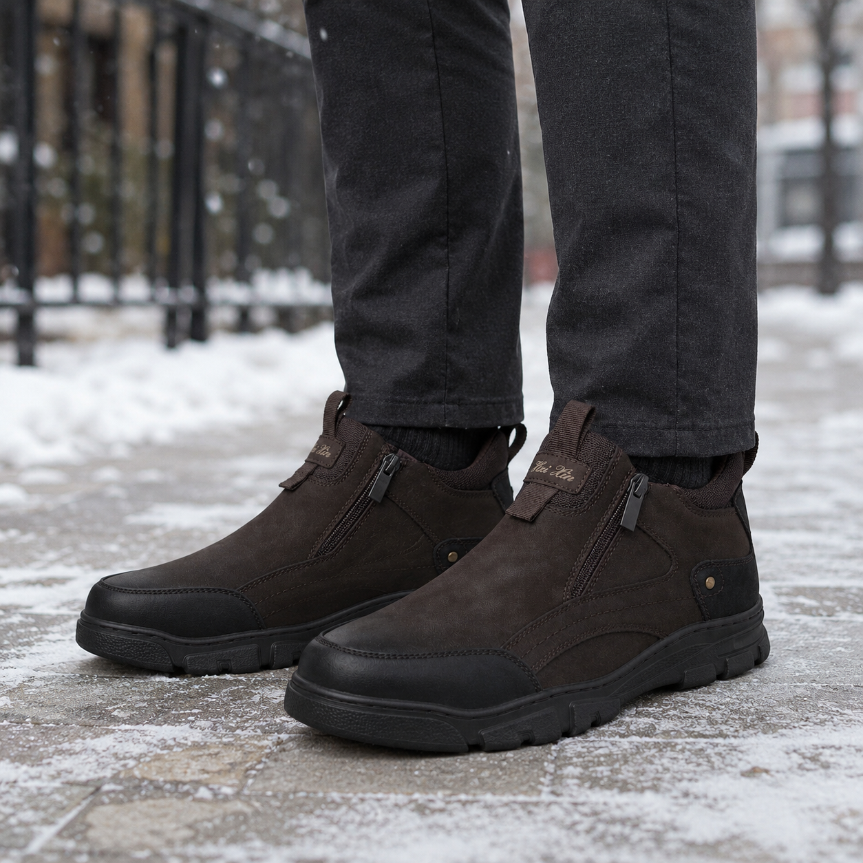 Męskie zimowe buty wsuwane z zamkami – brązowo-czarne U36509-3