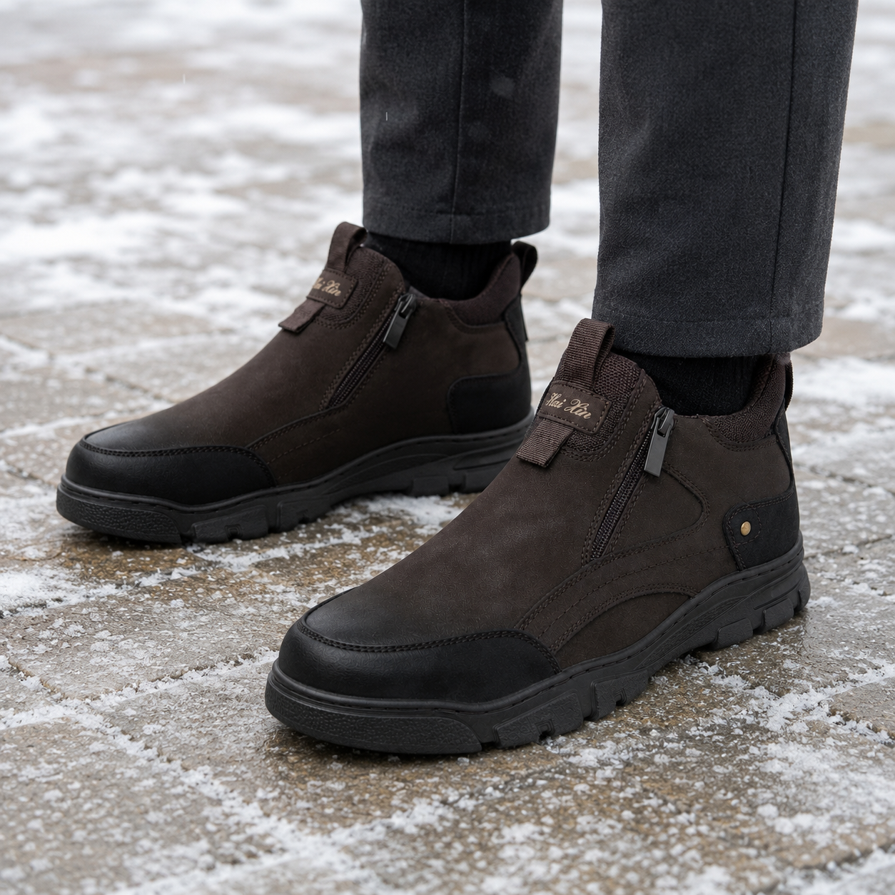 Męskie zimowe buty wsuwane z zamkami – brązowo-czarne U36509-3