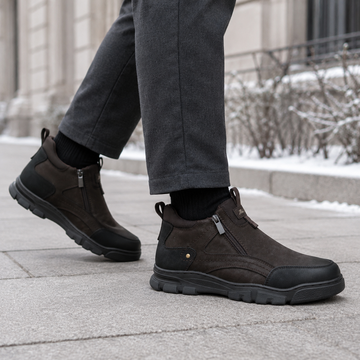 Męskie zimowe buty wsuwane z zamkami – brązowo-czarne U36509-3