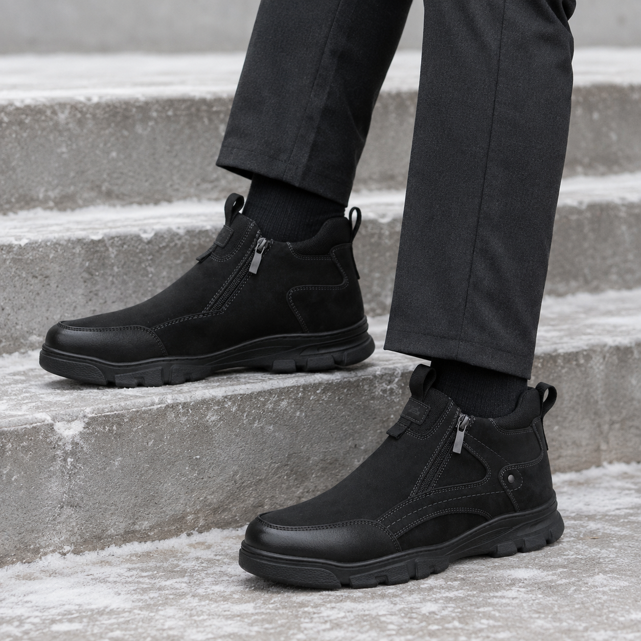 Męskie czarne buty zimowe za kostkę na zamek U36509-1