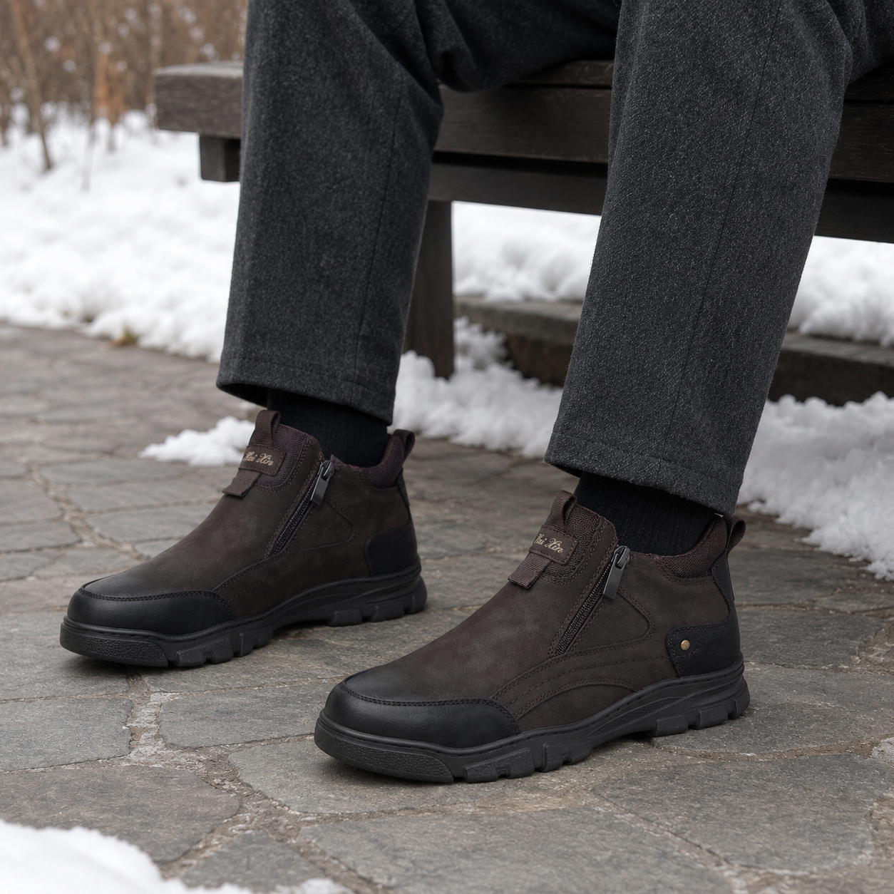 Męskie zimowe buty wsuwane z zamkami – brązowo-czarne U36509-3