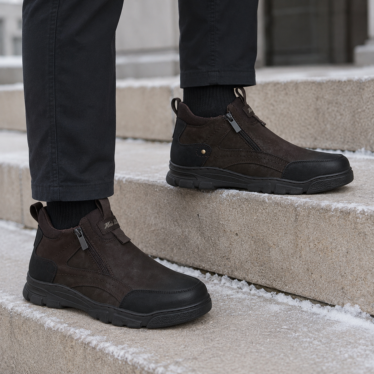 Męskie zimowe buty wsuwane z zamkami – brązowo-czarne U36509-3