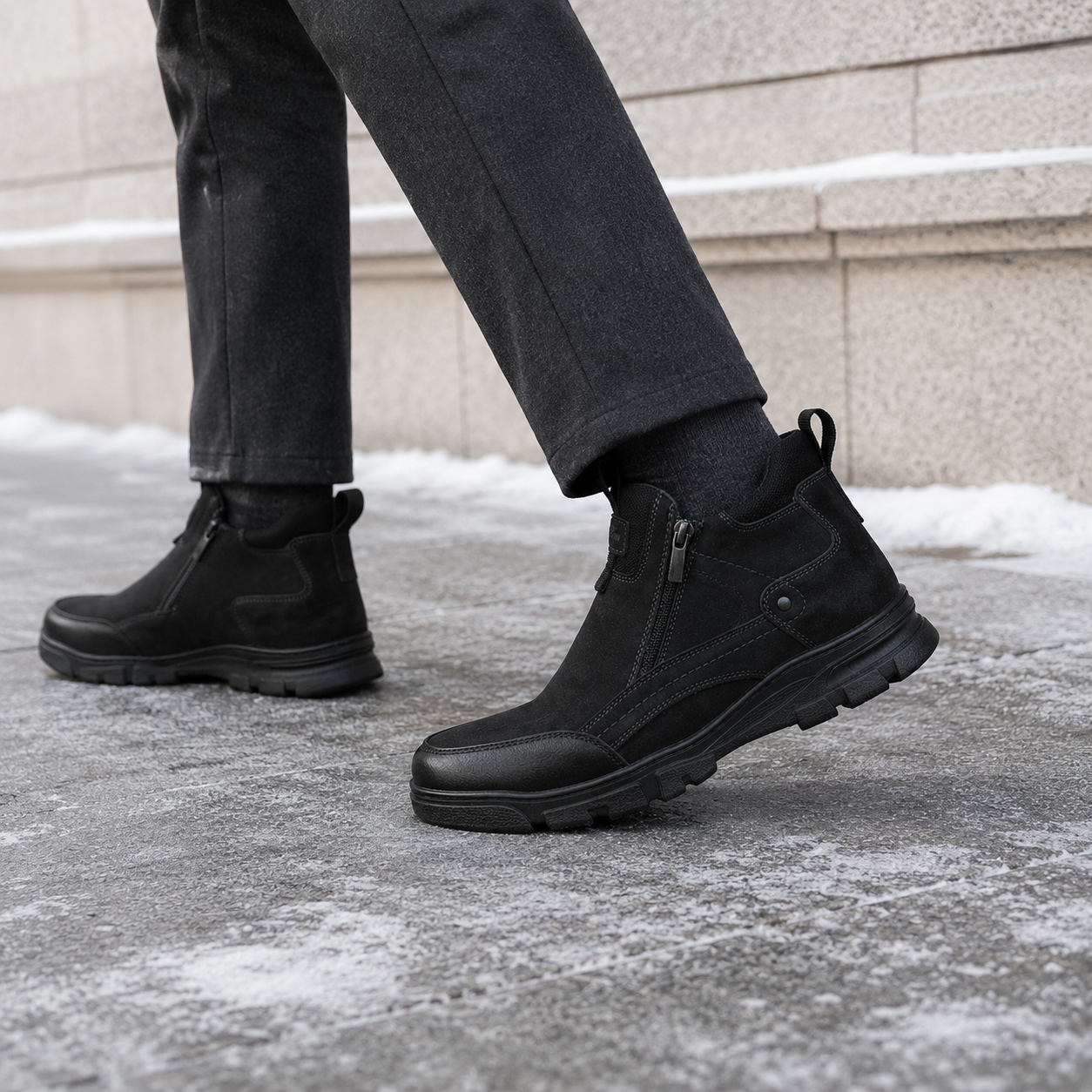 Męskie czarne buty zimowe za kostkę na zamek U36509-1