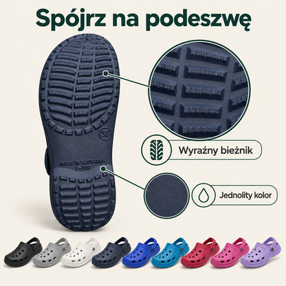 Damskie klapki ogrodowe z ruchomym paskiem F002 – różne kolory