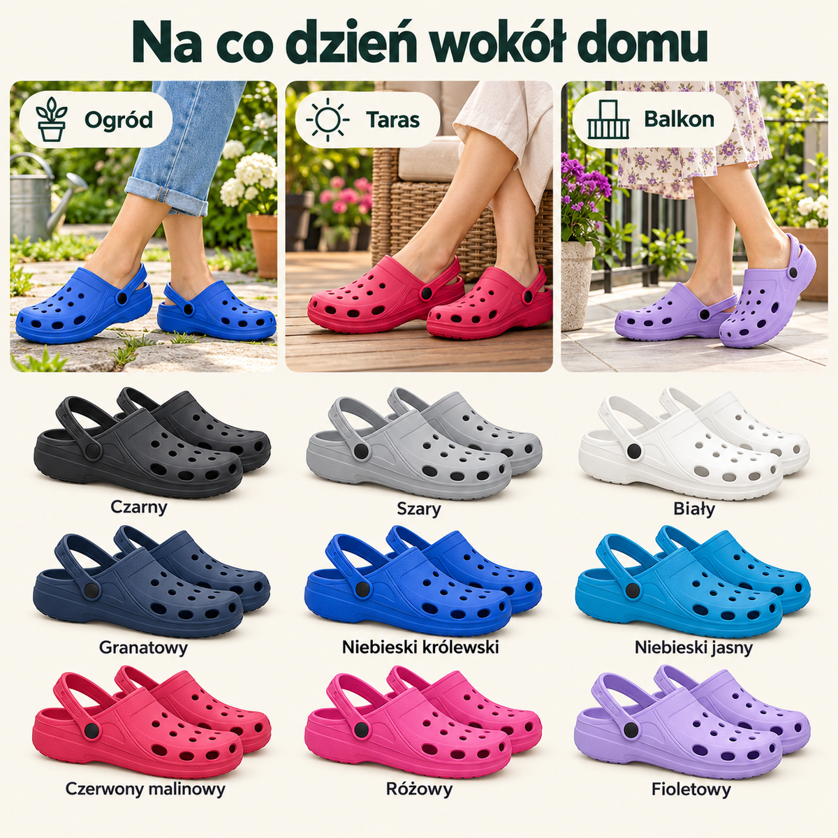 Damskie klapki ogrodowe z ruchomym paskiem F002 – różne kolory