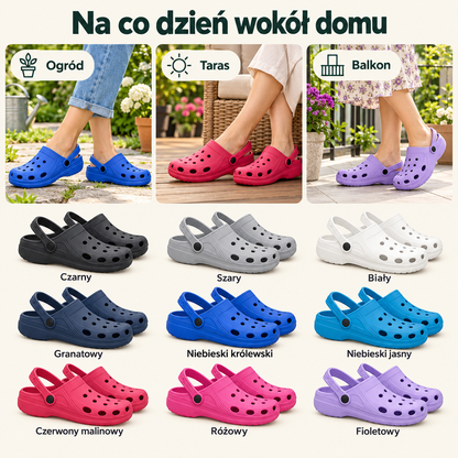 Damskie klapki ogrodowe z ruchomym paskiem F002 – różne kolory