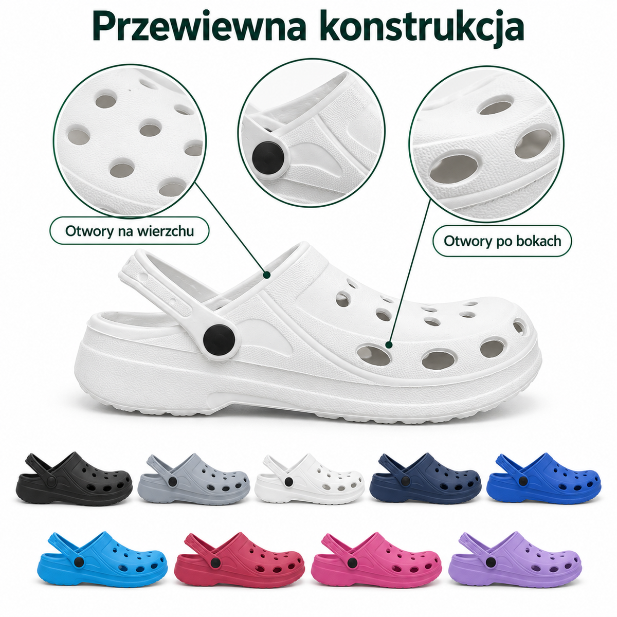 Damskie klapki ogrodowe z ruchomym paskiem F002 – różne kolory