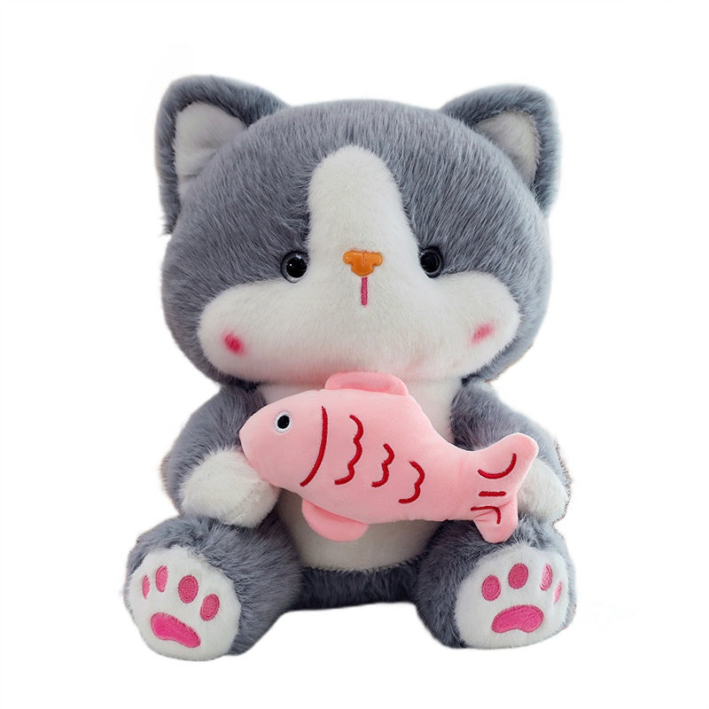 MASKOTKA PLUSZAK PRZYTULANKA KOTEK FUTERKO BIAŁO-POPIELATY Z RYBĄ XL 38 cm