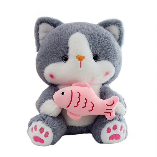 MASKOTKA PLUSZAK PRZYTULANKA KOTEK FUTERKO BIAŁO-POPIELATY Z RYBĄ XL 38 cm