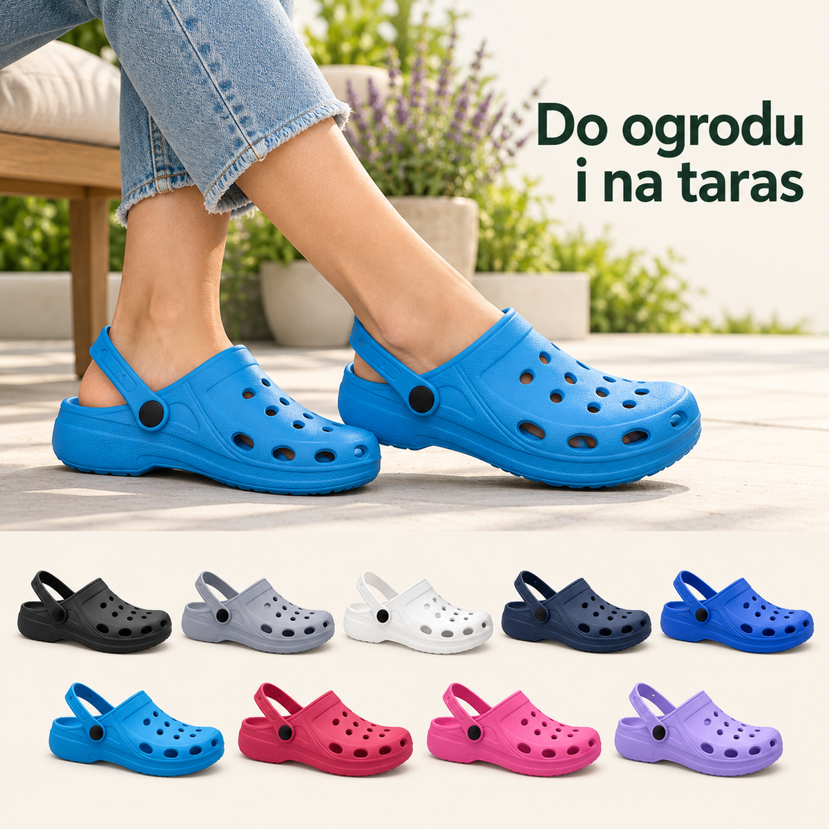Damskie klapki ogrodowe z ruchomym paskiem F002 – różne kolory