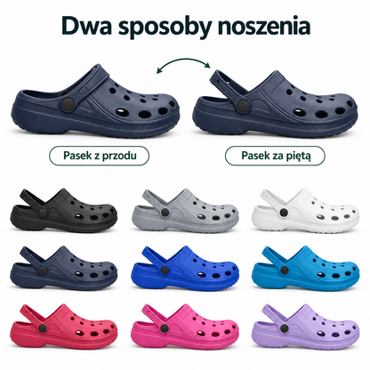 Damskie klapki ogrodowe z ruchomym paskiem F002 – różne kolory