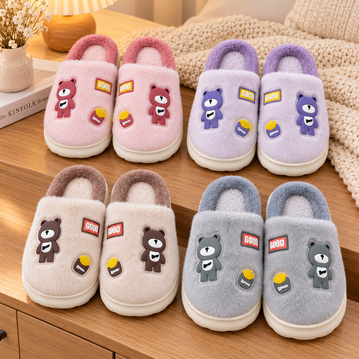 Puszyste kapcie damskie z misiem D51506