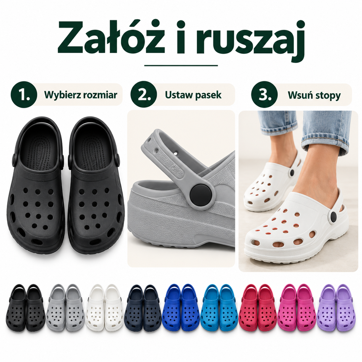 Damskie klapki ogrodowe z ruchomym paskiem F002 – różne kolory
