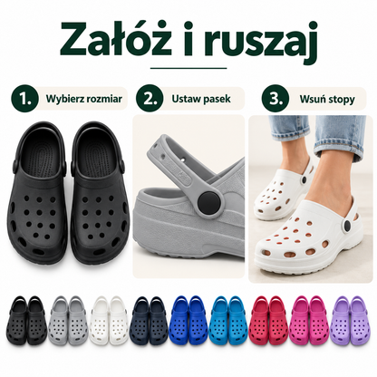 Damskie klapki ogrodowe z ruchomym paskiem F002 – różne kolory