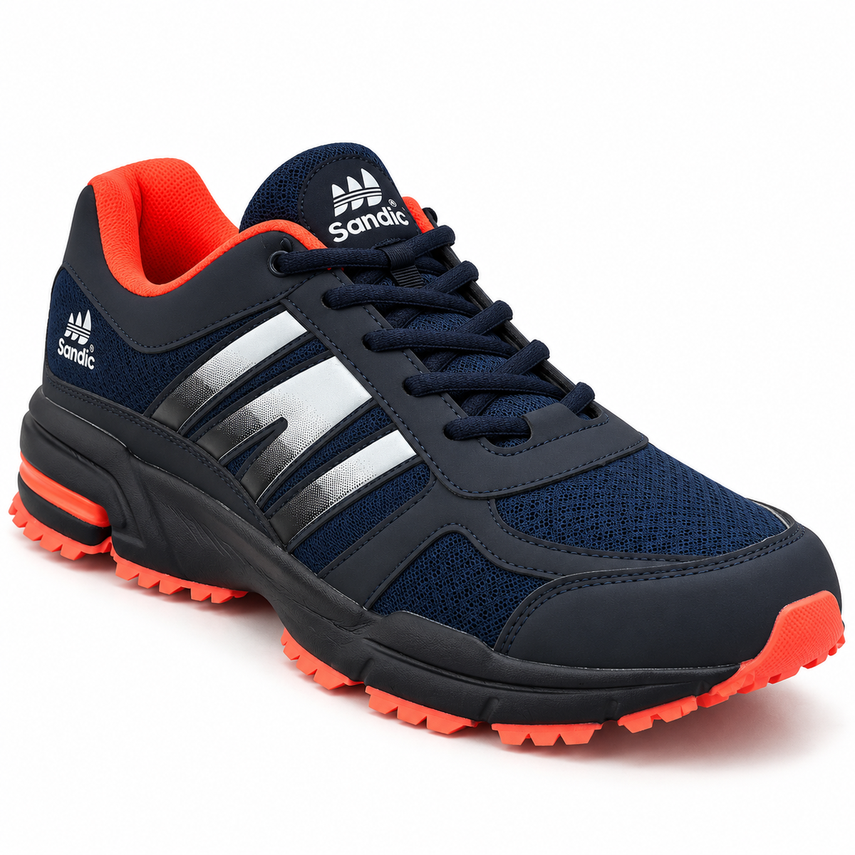Męskie buty sportowe w dużych rozmiarach – granatowe z pomarańczowymi akcentami SD1888V-E