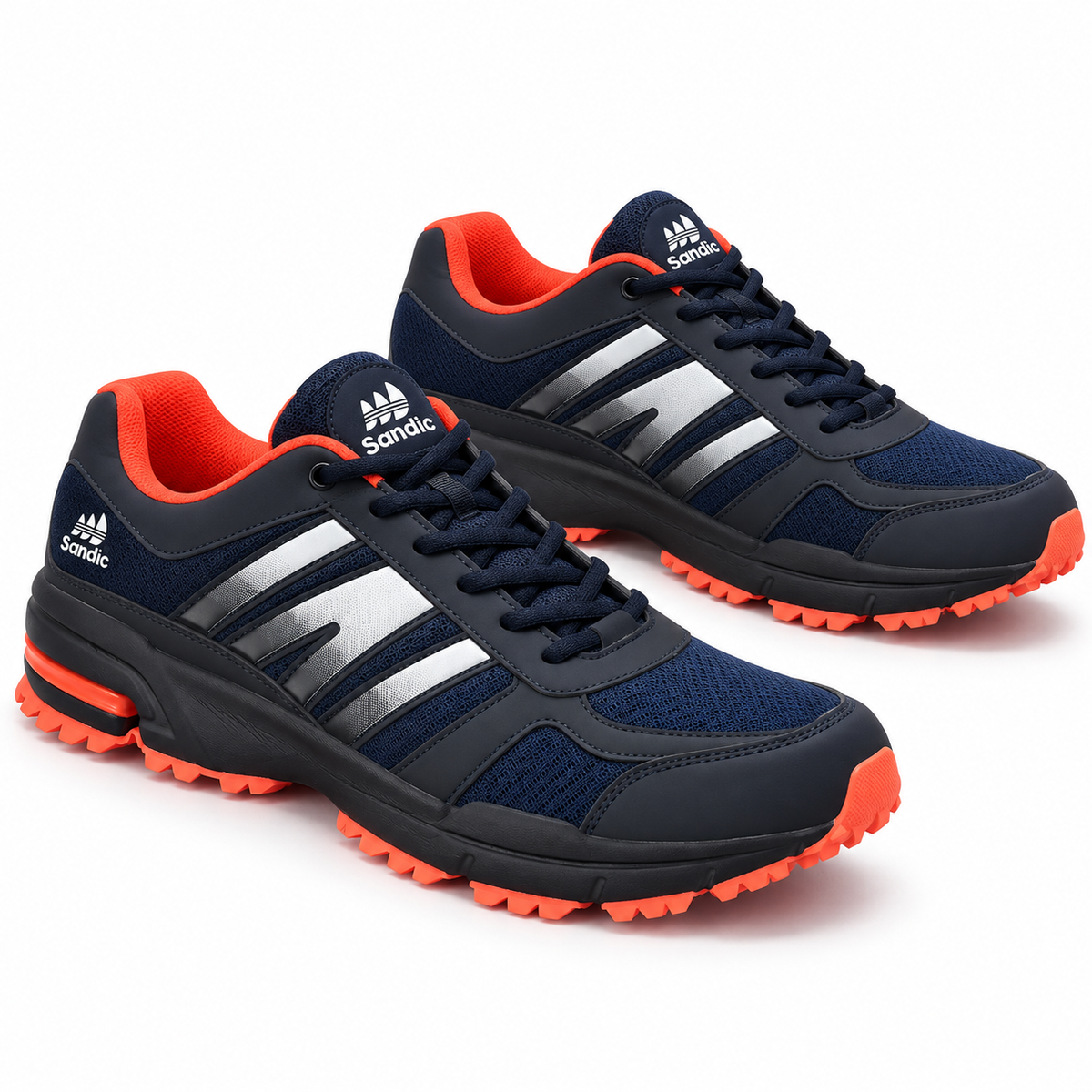 Męskie buty sportowe w dużych rozmiarach – granatowe z pomarańczowymi akcentami SD1888V-E