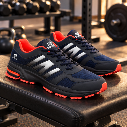 Męskie buty sportowe w dużych rozmiarach – granatowe z pomarańczowymi akcentami SD1888V-E