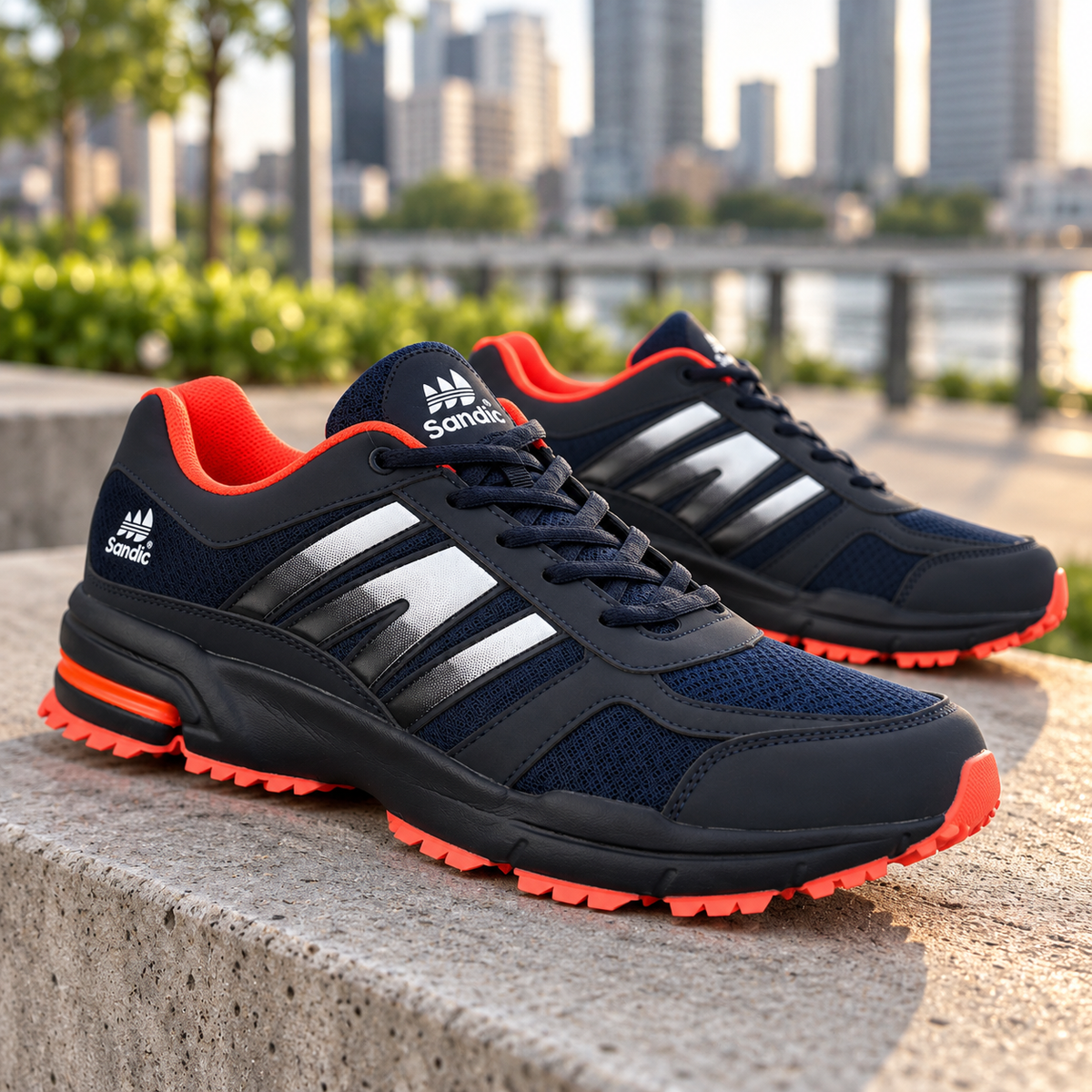 Męskie buty sportowe w dużych rozmiarach – granatowe z pomarańczowymi akcentami SD1888V-E