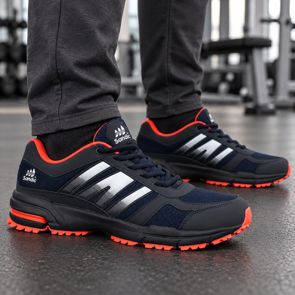 Męskie buty sportowe w dużych rozmiarach – granatowe z pomarańczowymi akcentami SD1888V-E