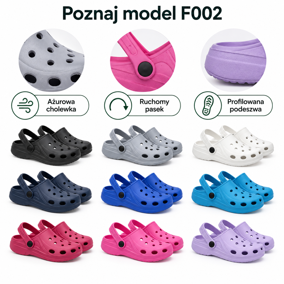 Damskie klapki ogrodowe z ruchomym paskiem F002 – różne kolory