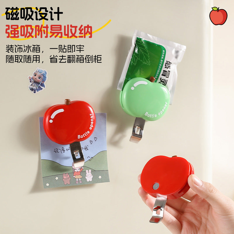 Magnetyczny otwieracz do butelek w kształcie jabłka – lodówkowy klips na chipsy 3w1