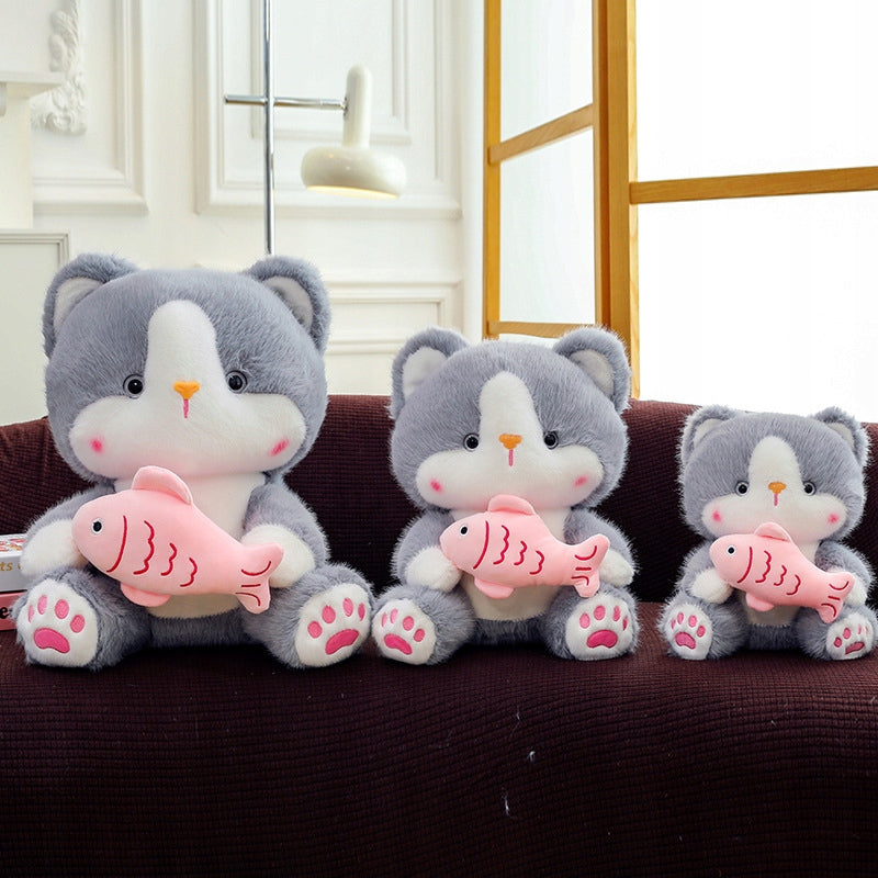 MASKOTKA PLUSZAK PRZYTULANKA KOTEK FUTERKO BIAŁO-POPIELATY Z RYBĄ XL 38 cm