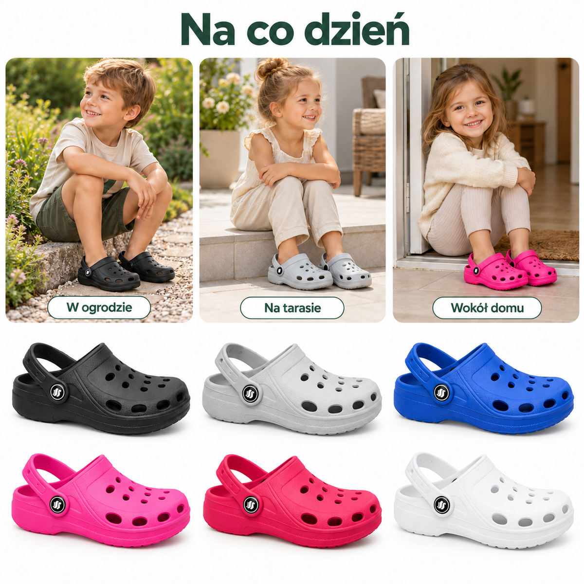 Dziecięce klapki ogrodowe z ruchomym paskiem F003 – różne kolory