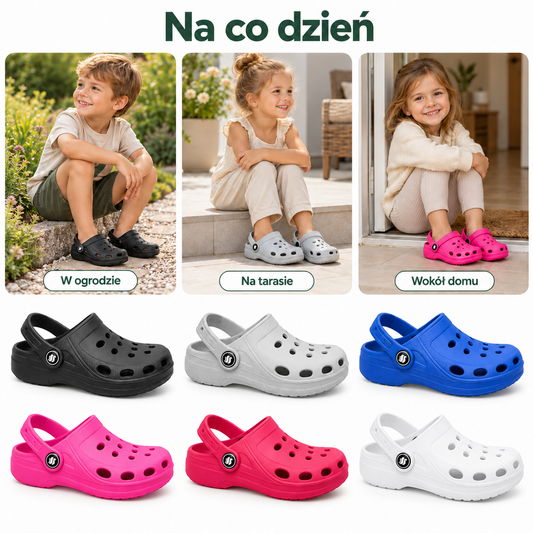 Dziecięce klapki ogrodowe z ruchomym paskiem F003 – różne kolory