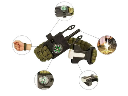 Bransoletka survival opaska 5w1 kompas krzesiwo linka nóż linka paracord